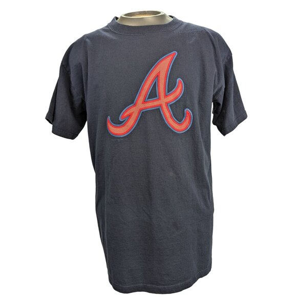 Majestic Atlanta Braves Men Blue T Shirt with Script Logo A in Red Size L - Picture 1 of 8